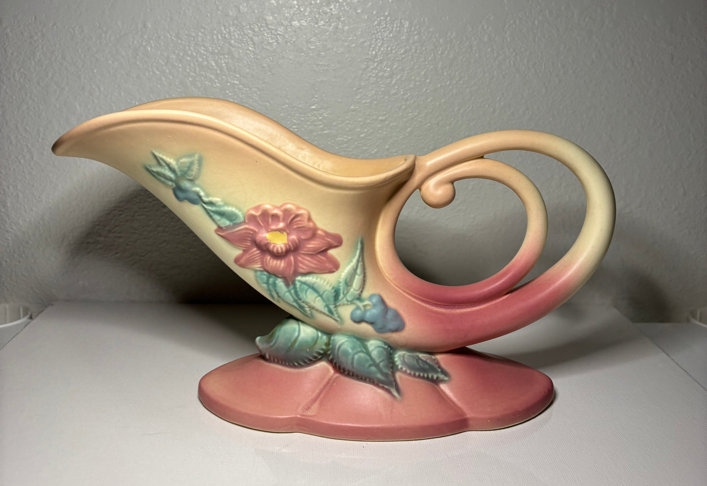 Roseville Style Art Pottery Cornucopia Vase – Pink & Yellow Floral | 11” Long