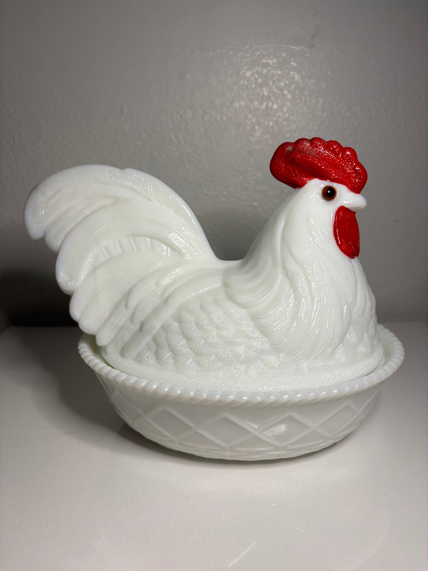 Vintage Milk Glass Hen on Nest Dish – 9" Collectible Candy Bowl with Red Comb