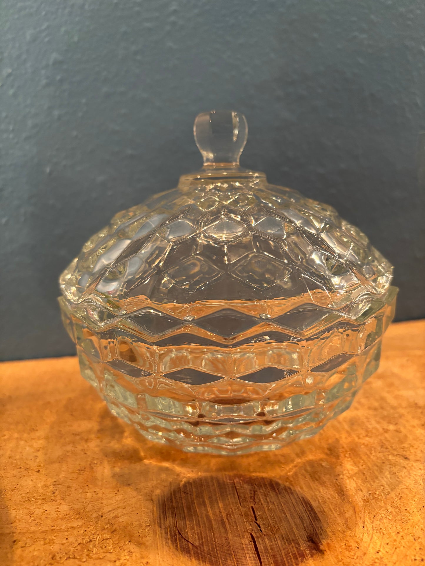 Vintage Lidded Pressed Glass Candy Dish – 6” Tall – Diamond Pattern