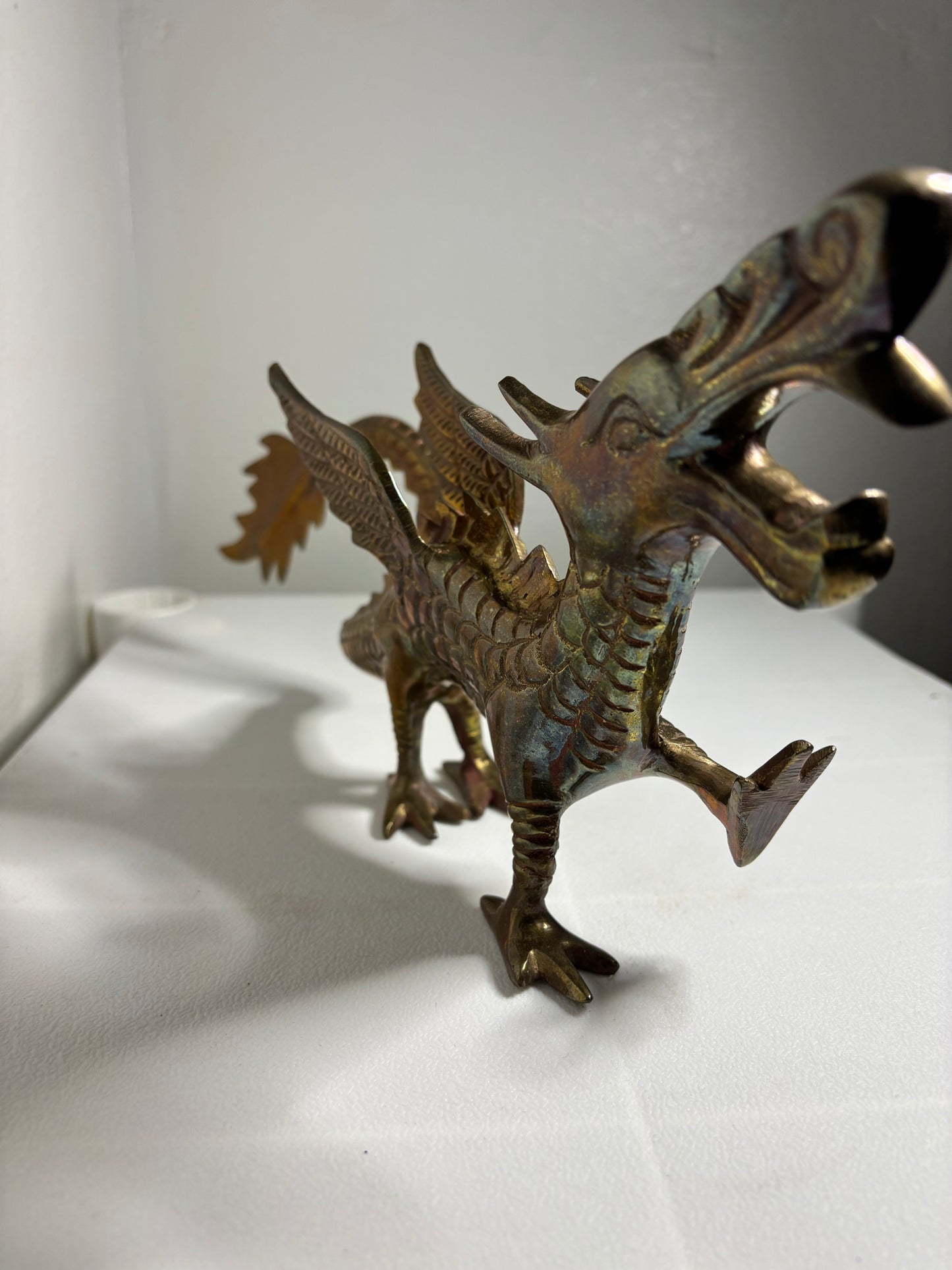 Vintage Solid Brass Winged Dragon Figurine – 12” Long – Mythical Decor