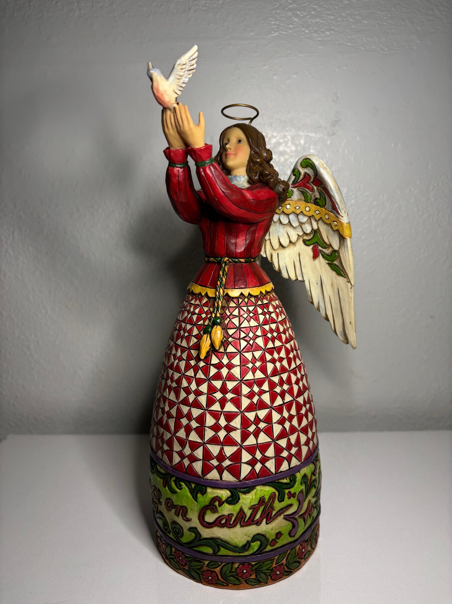 ✨ Peace on Earth Angel Figurine – Quilted Red Holiday Dress | 10” Tall