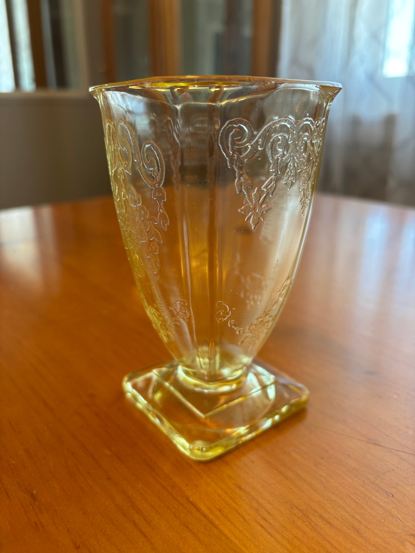 Vintage Lemon Yellow Depression Glass Vase – Etched Floral Design