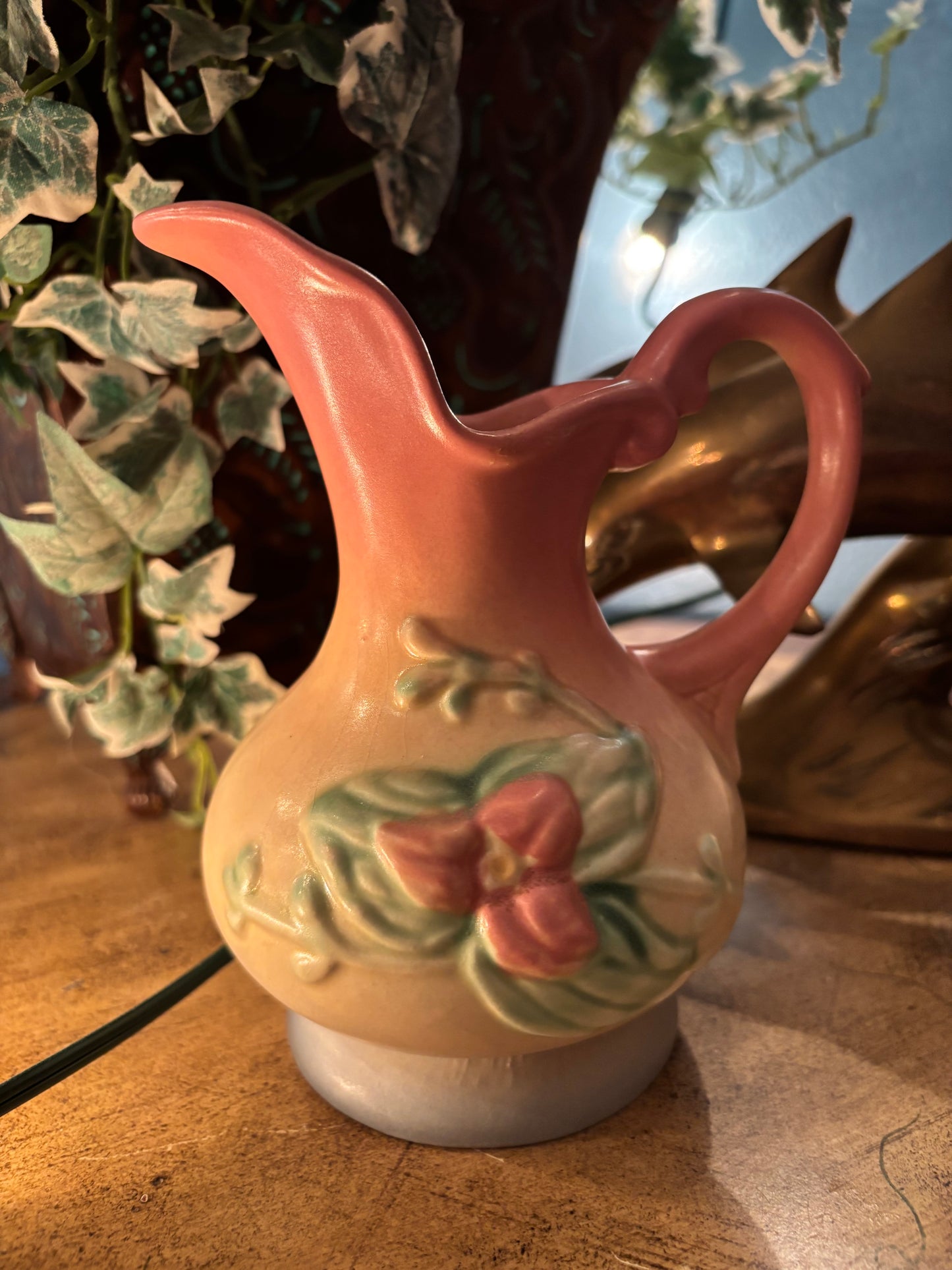 Vintage Blush & Cream Floral Pottery Pitcher – 6” Tall