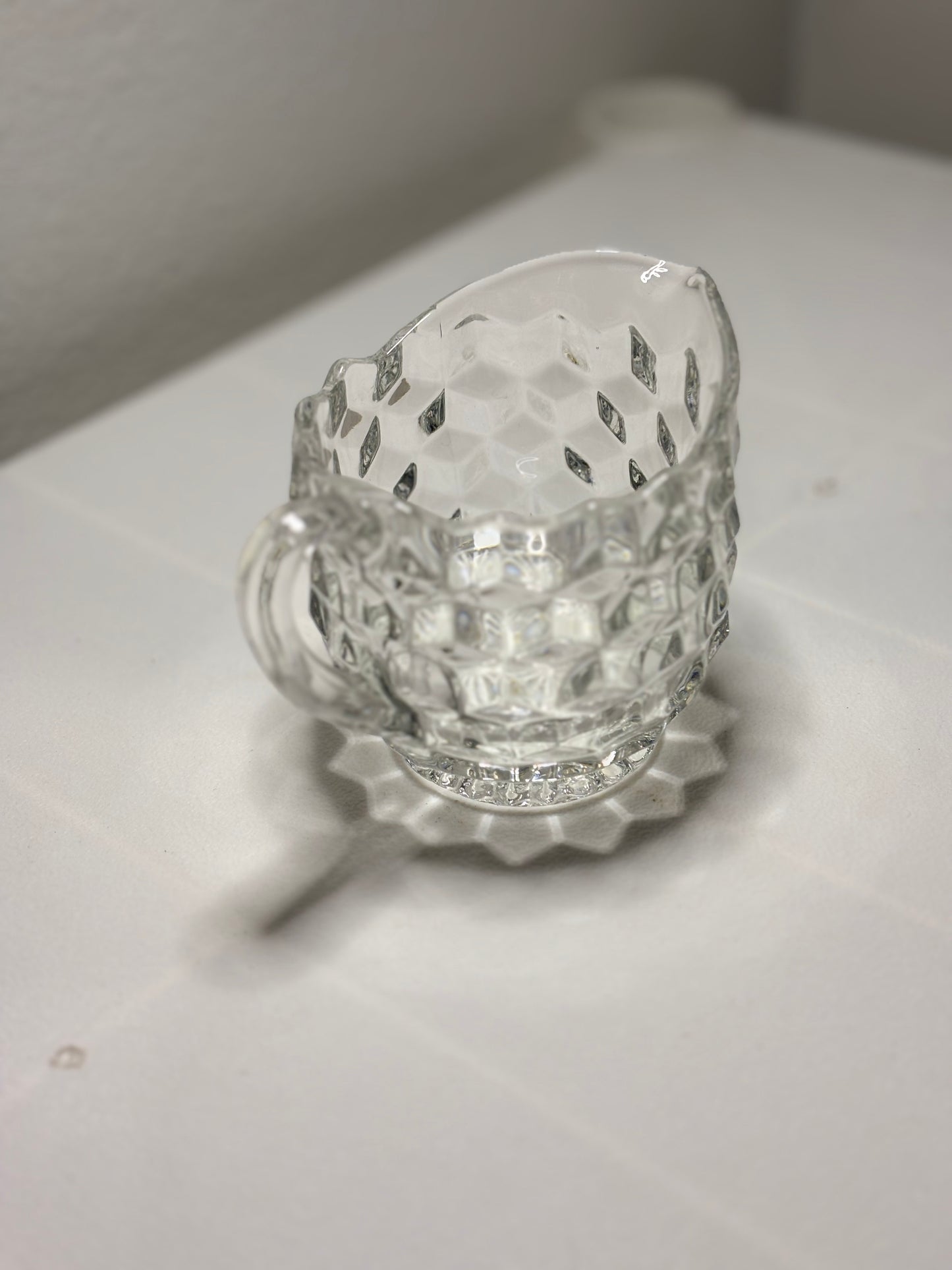 Vintage Cubist Glass Creamer – Ripple Rim, Block Pattern (4”)