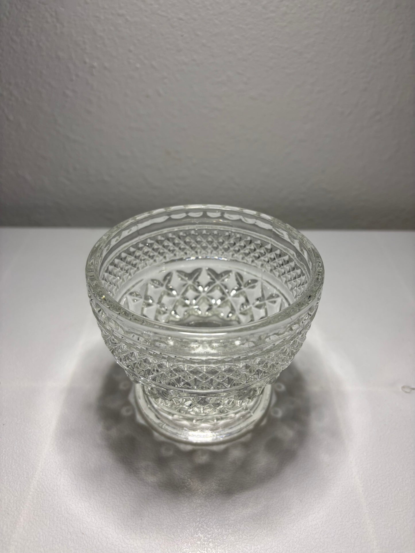 Vintage Diamond-Cut Pressed Glass Bowl – 4” Pedestal Candy Dish