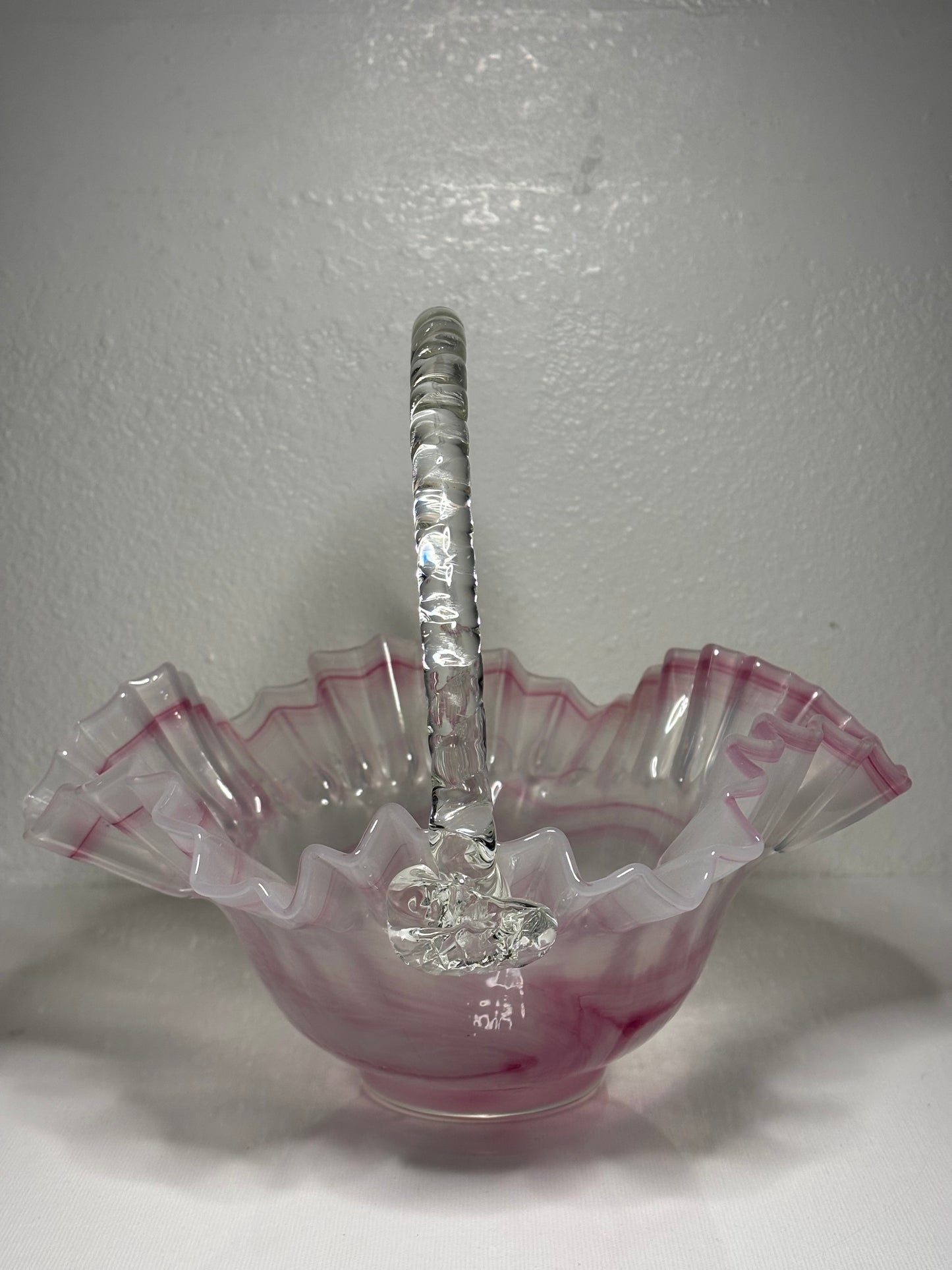 Vintage Pink Ruffled Glass Basket with Twisted Handle – 9”