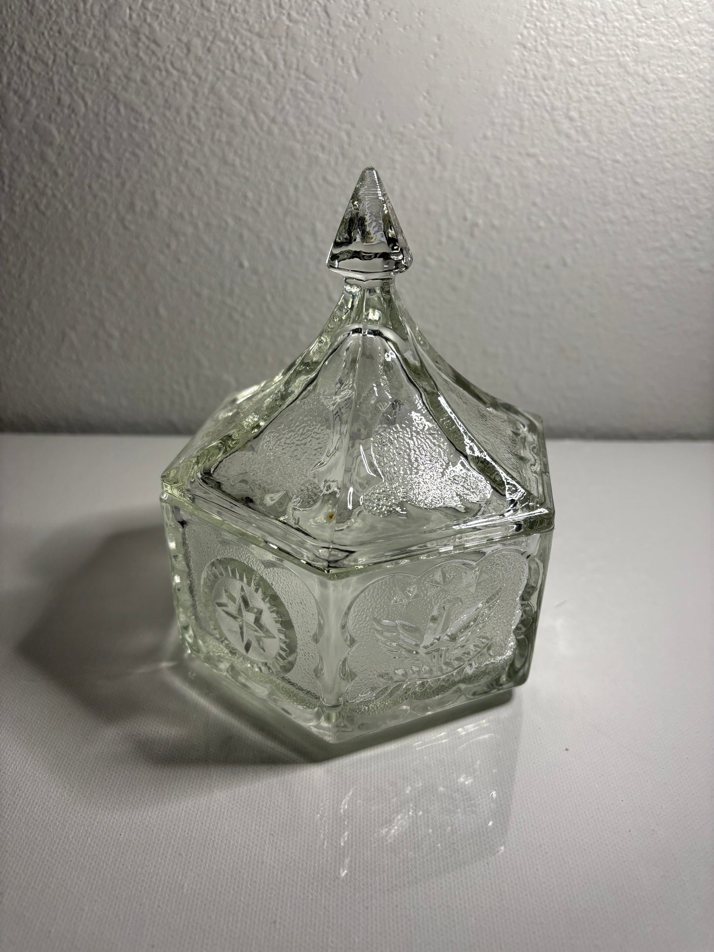 Pressed Glass Hexagonal Trinket Box with Lid – Vintage Star & Leaf Pattern | 6” Tall