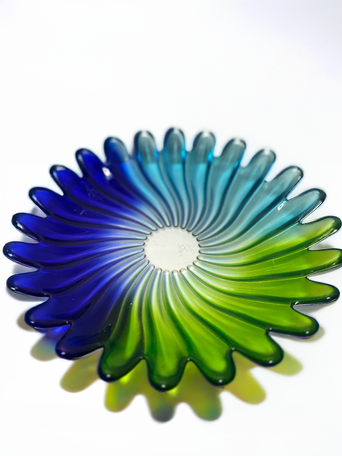 Hand-Blown Art Glass Plate – Blue & Green Swirl Sunburst Dish
