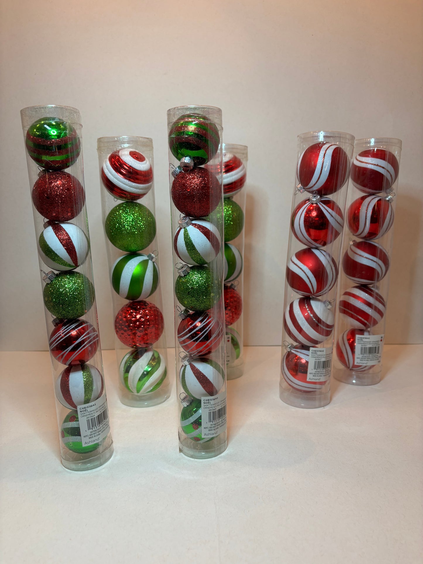 Holiday Decoration Ornaments 7 pack Green, White, Red, Glitter