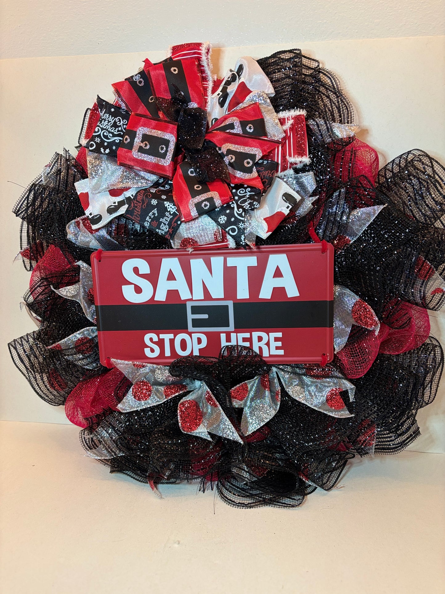 Santa Stop Here” 24" Holiday Mesh Wreath