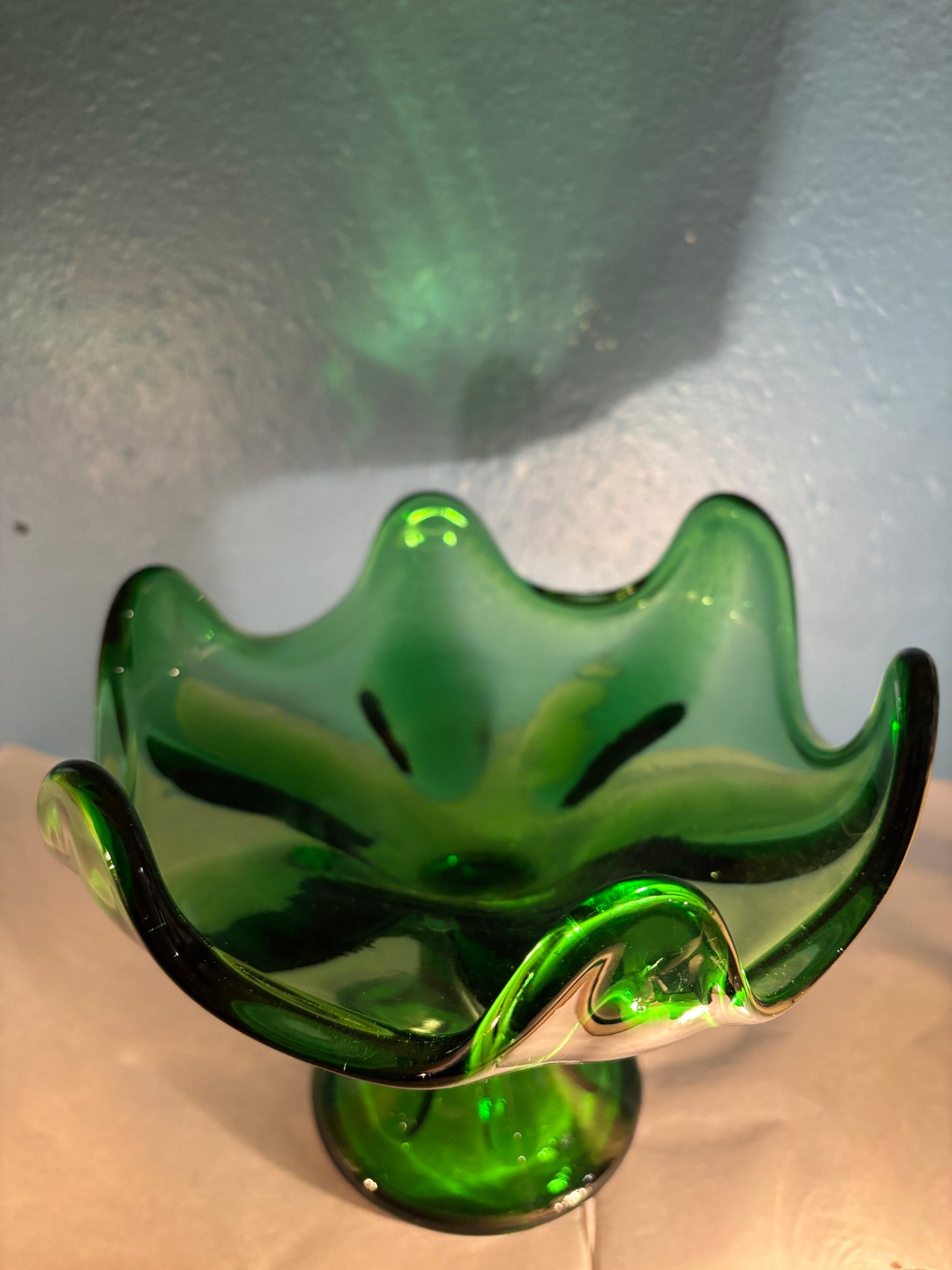 Vintage Green Glass Compote & Plate Set – Mid-Century Pedestal Bowl & Etched Plate