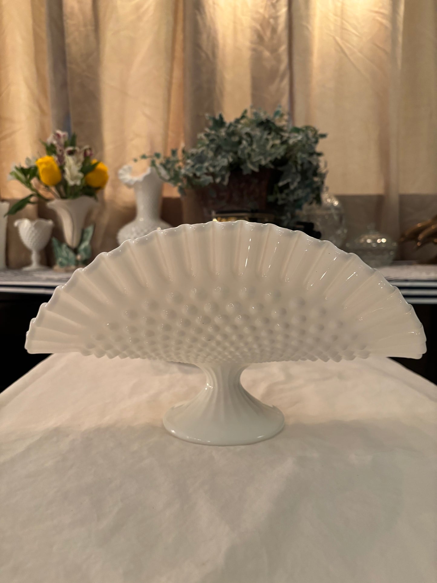 Vintage Fenton Style Milk Glass Hobnail Fan Vase – 13” Wide