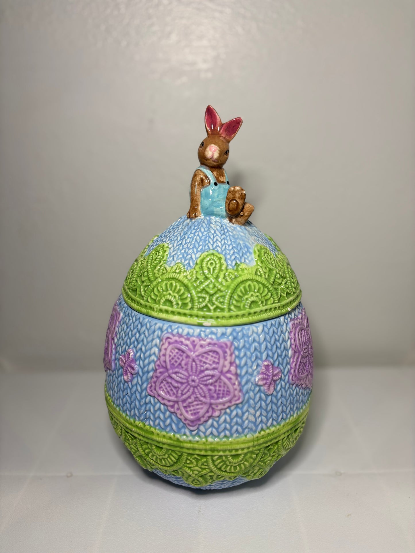 Whimsical Bunny on Knit-Patterned Egg – Spring Easter Décor – 11.5” Tall