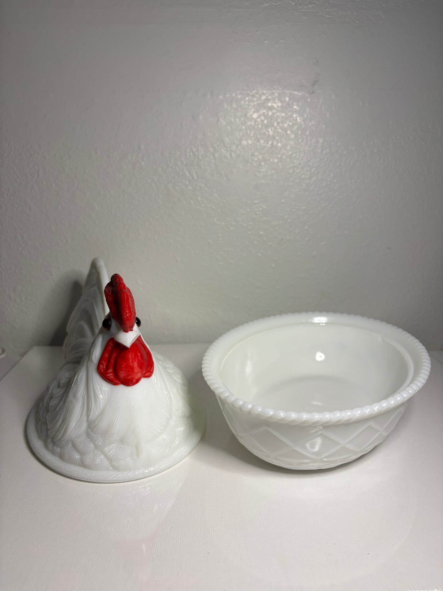 Vintage Milk Glass Hen on Nest Dish – 9" Collectible Candy Bowl with Red Comb