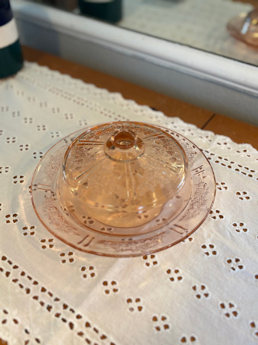 Vintage Pink Depression Glass Butter Dish with Lid – Floral Etched Design *