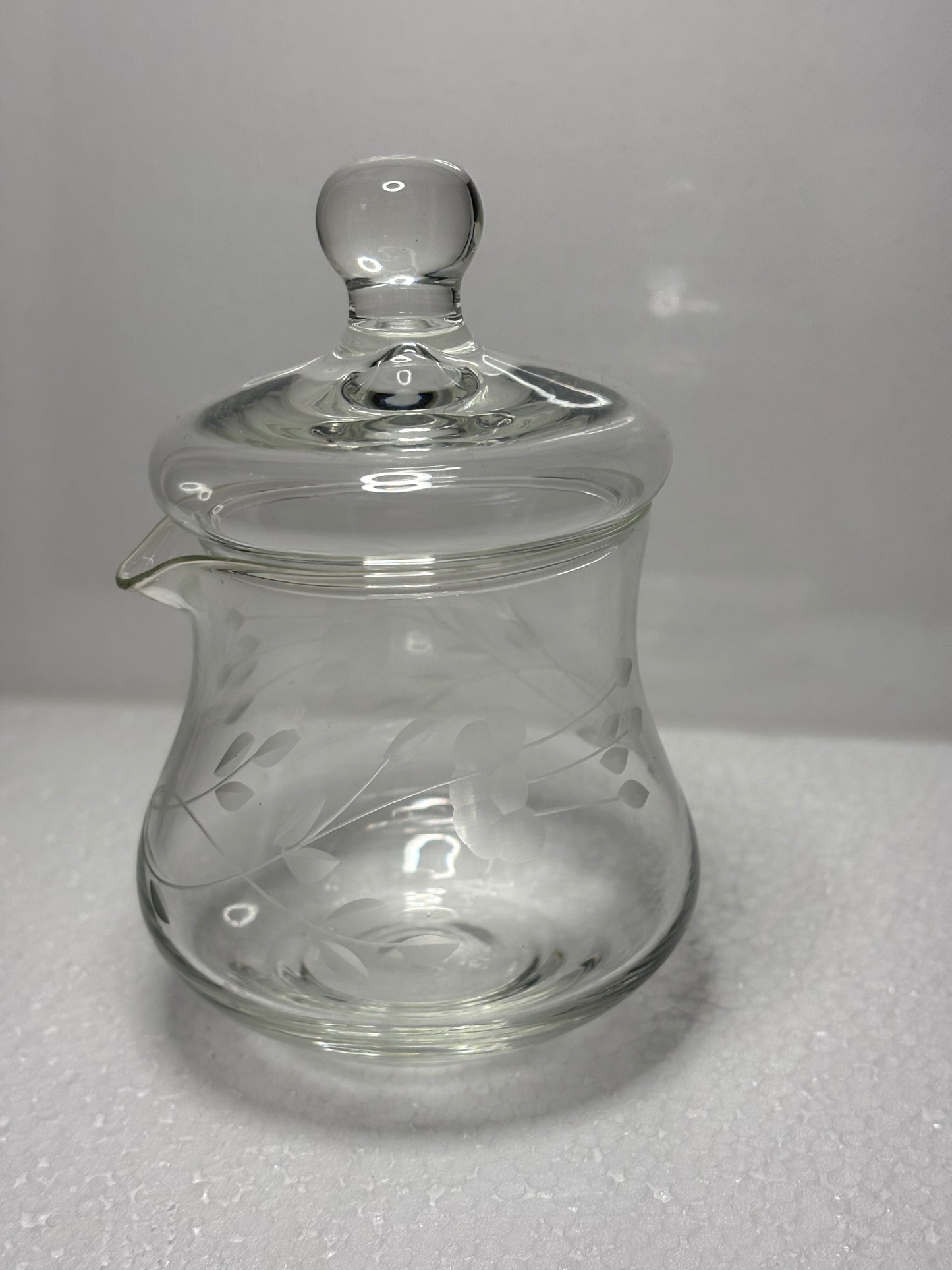 Vintage Etched Glass Condiment Jar with Lid – 4" Tall