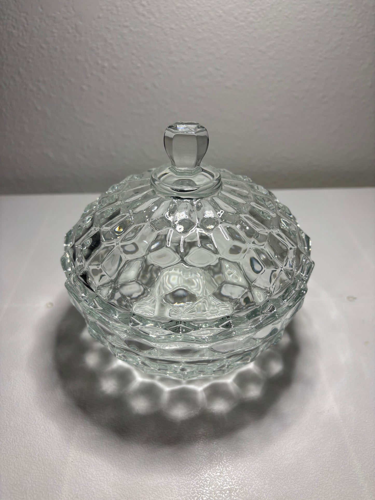Vintage Lidded Pressed Glass Candy Dish – 6” Tall – Diamond Pattern