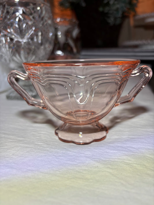 Vintage Pink Depression Glass Sugar Bowl – Double Handle, 1930s Style