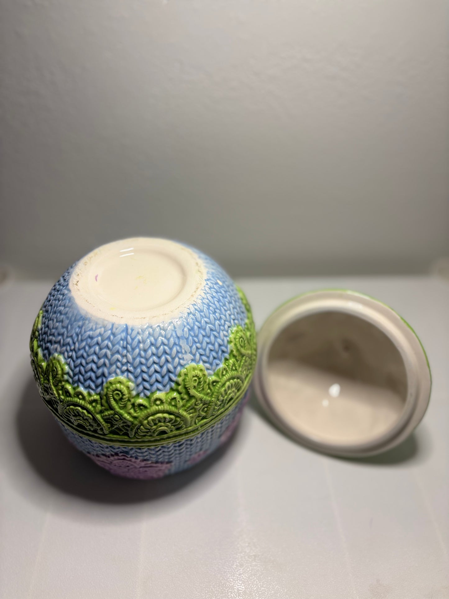 Whimsical Bunny on Knit-Patterned Egg – Spring Easter Décor – 11.5” Tall