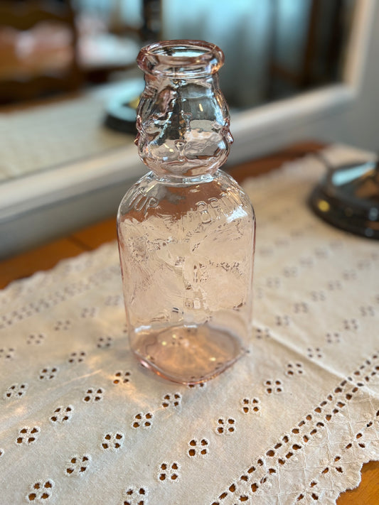 Vintage Pink Depression Glass Embossed Owl Bottle – Collectible Figural Design