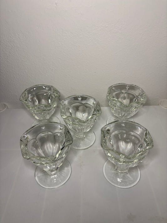 Set of 5 Vintage Pressed Glass Dessert Cups – Pedestal Ice Cream Bowls – 4” Tall