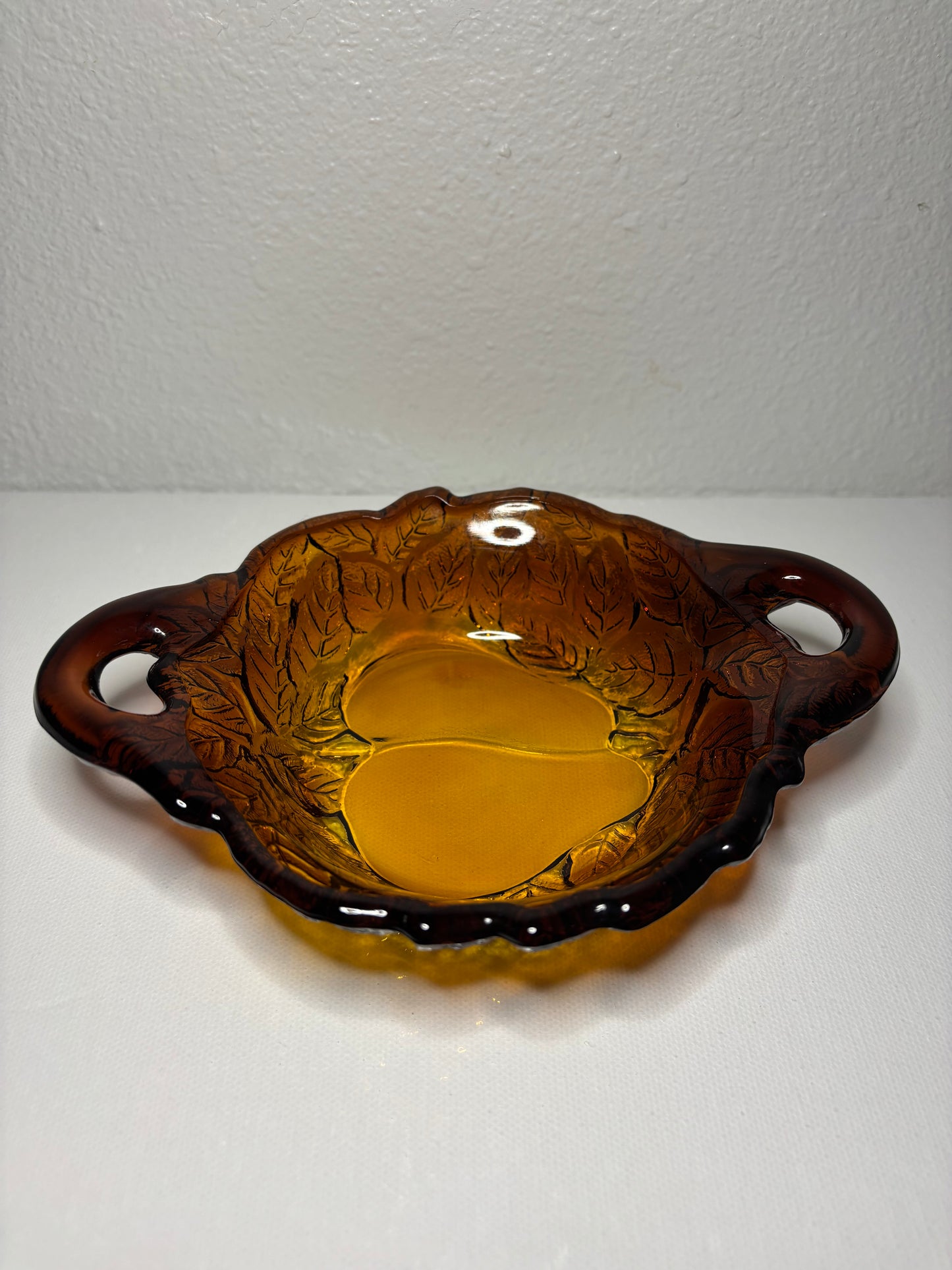 Amber Glass Pear Dish with Dual Handles – 7” Leaf Motif
