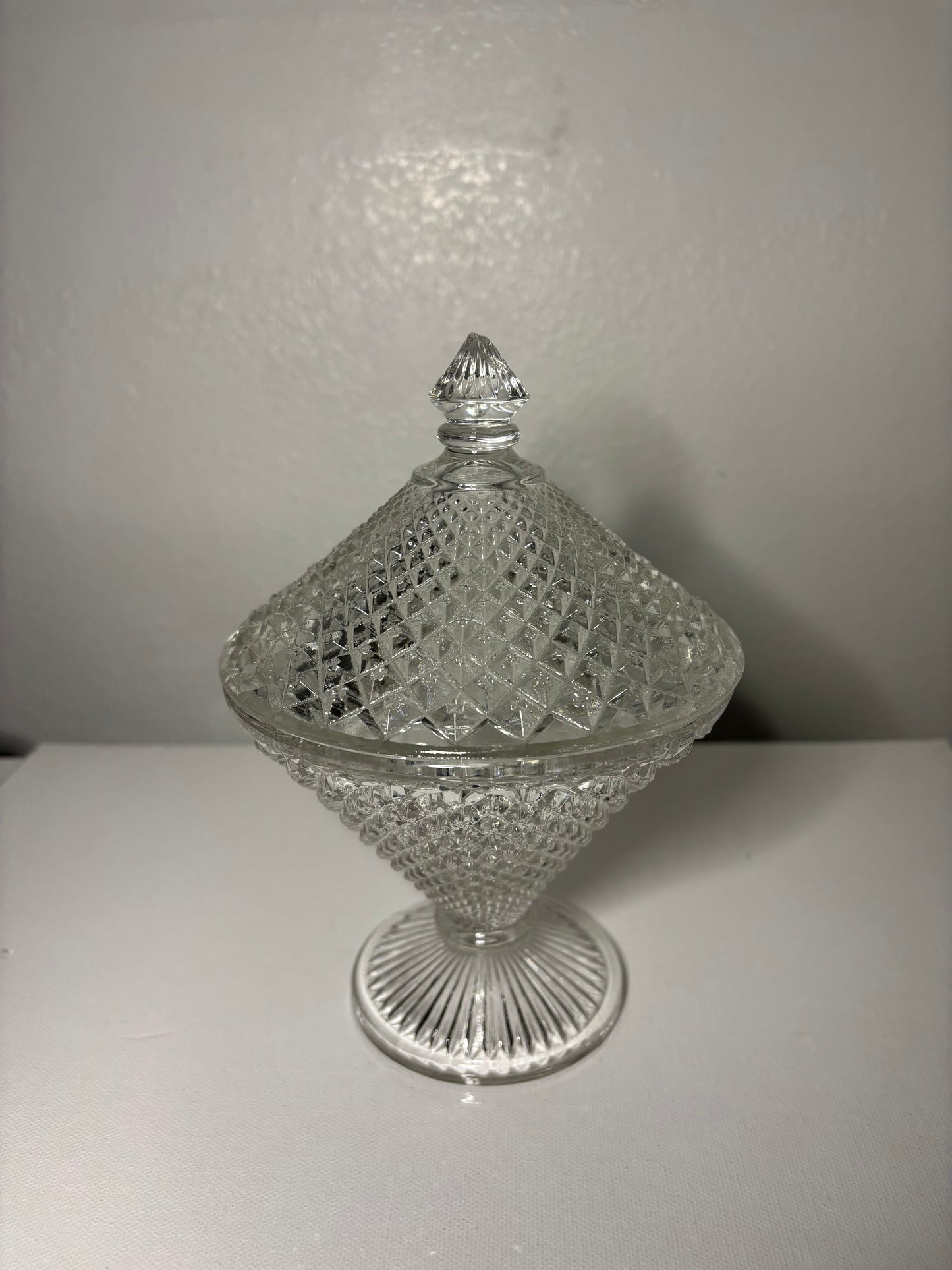 Vintage Diamond Point Pressed Glass Pedestal Candy Dish with Lid – Hourglass Shape