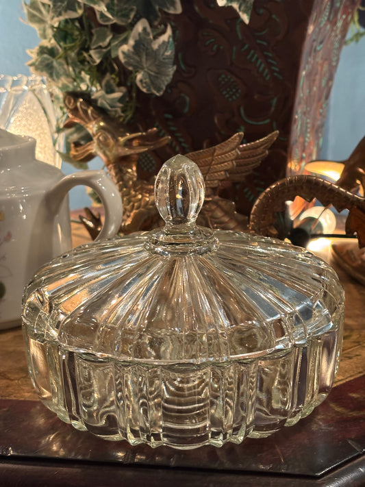 Vintage Clear Pressed Glass Lidded Candy Dish – 7"x5.5"