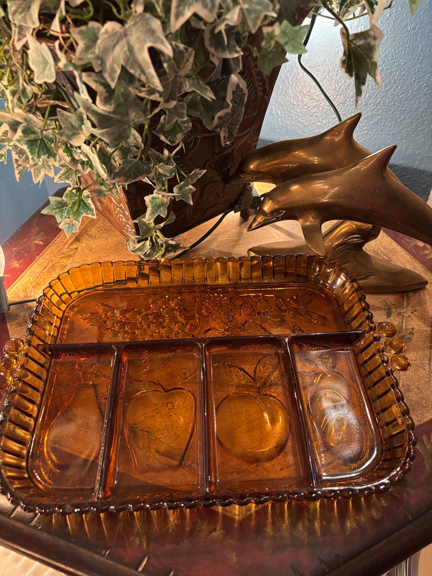 Vintage Amber Divided Glass Serving Tray – Fruit Motif | 13” x 9”