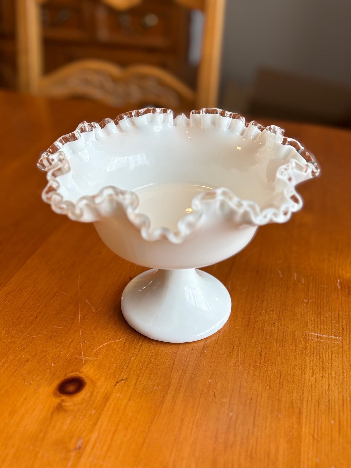 Vintage Fenton Milk Glass Pedestal Compote – 8" Silver Crest Ruffled Edge *