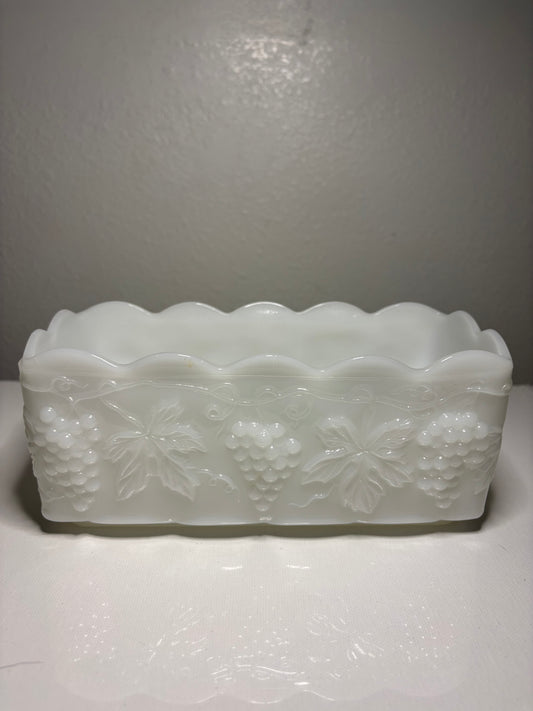 Vintage Milk Glass Grape Vine Planter – 8” Rectangular Embossed Dish