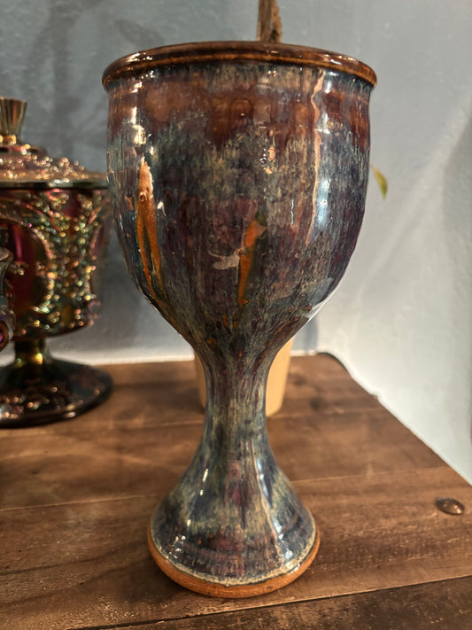 Handmade Studio Pottery Chalice – Iridescent Blue Glaze | 8.5” Tall