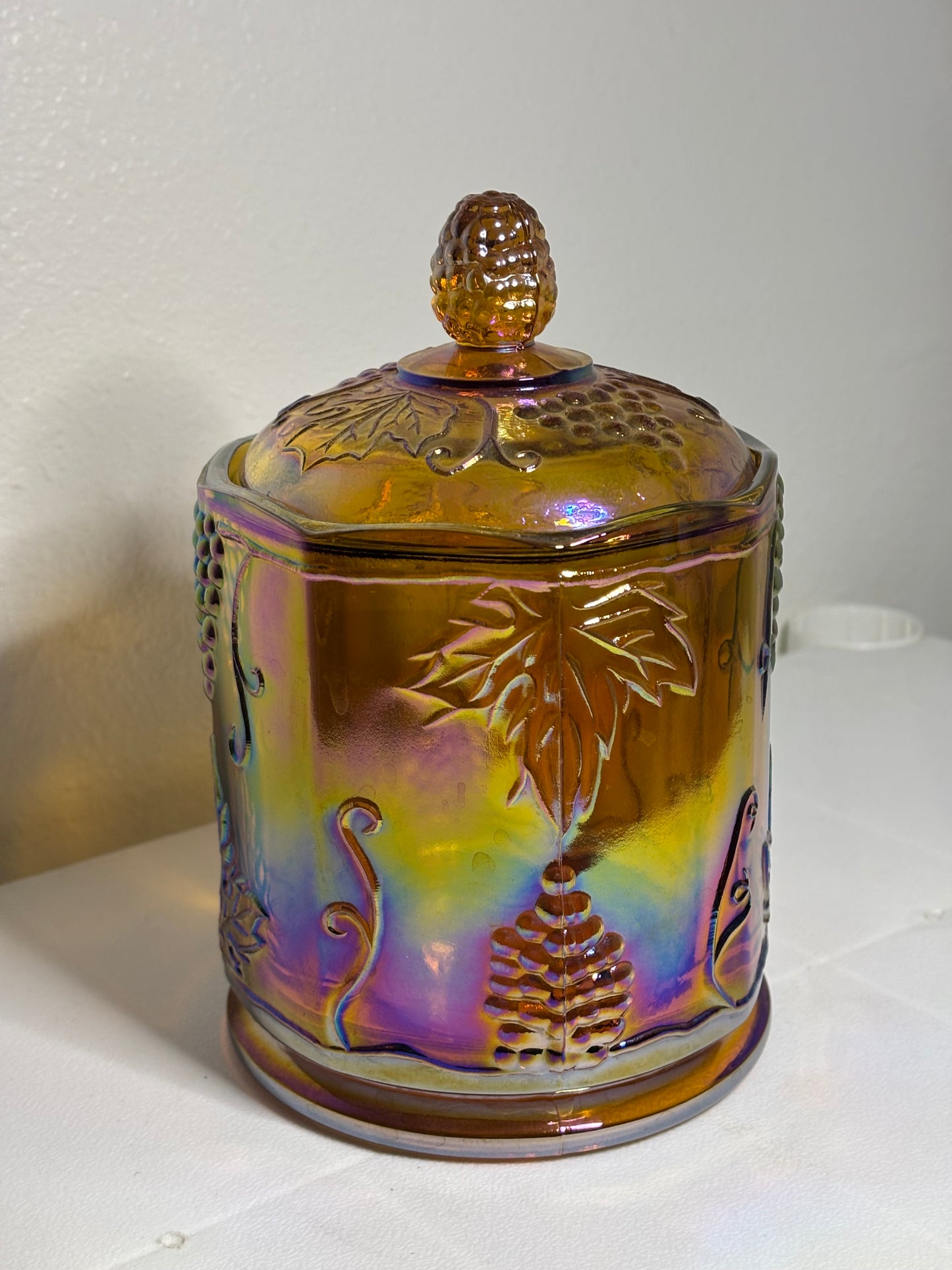 Vintage Iridescent Carnival Glass Canister Jar – Harvest Grape – 8" Tall