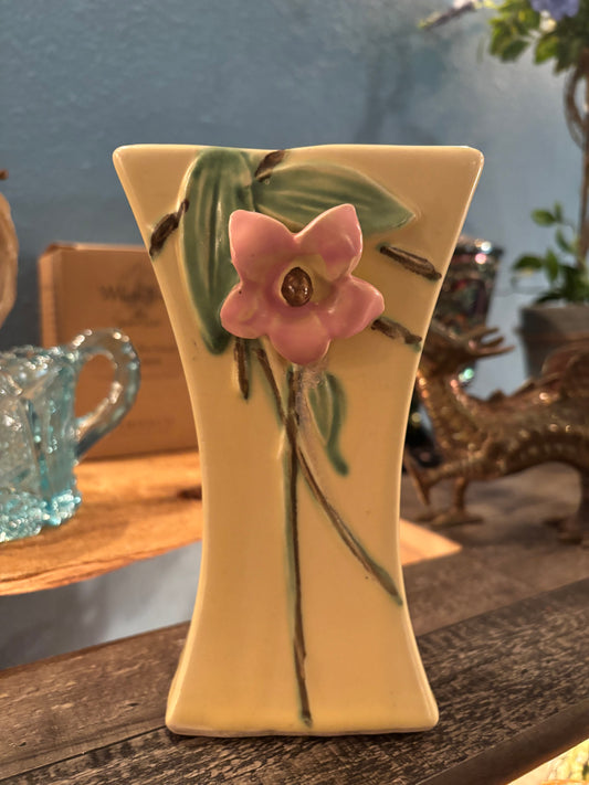 Vintage Art Pottery Bud Vase – Pink Flower Relief on Soft Yellow | 6.5” Tall
