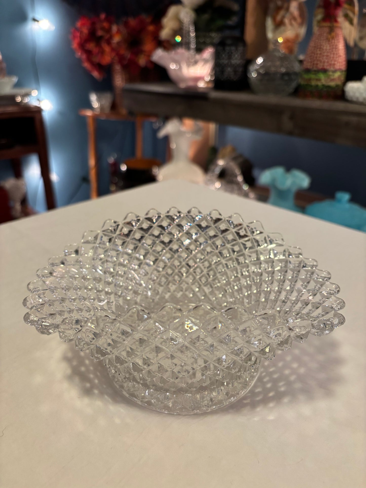 Vintage Clear Glass Diamond-Point Ruffled Bowl – 7" Wide