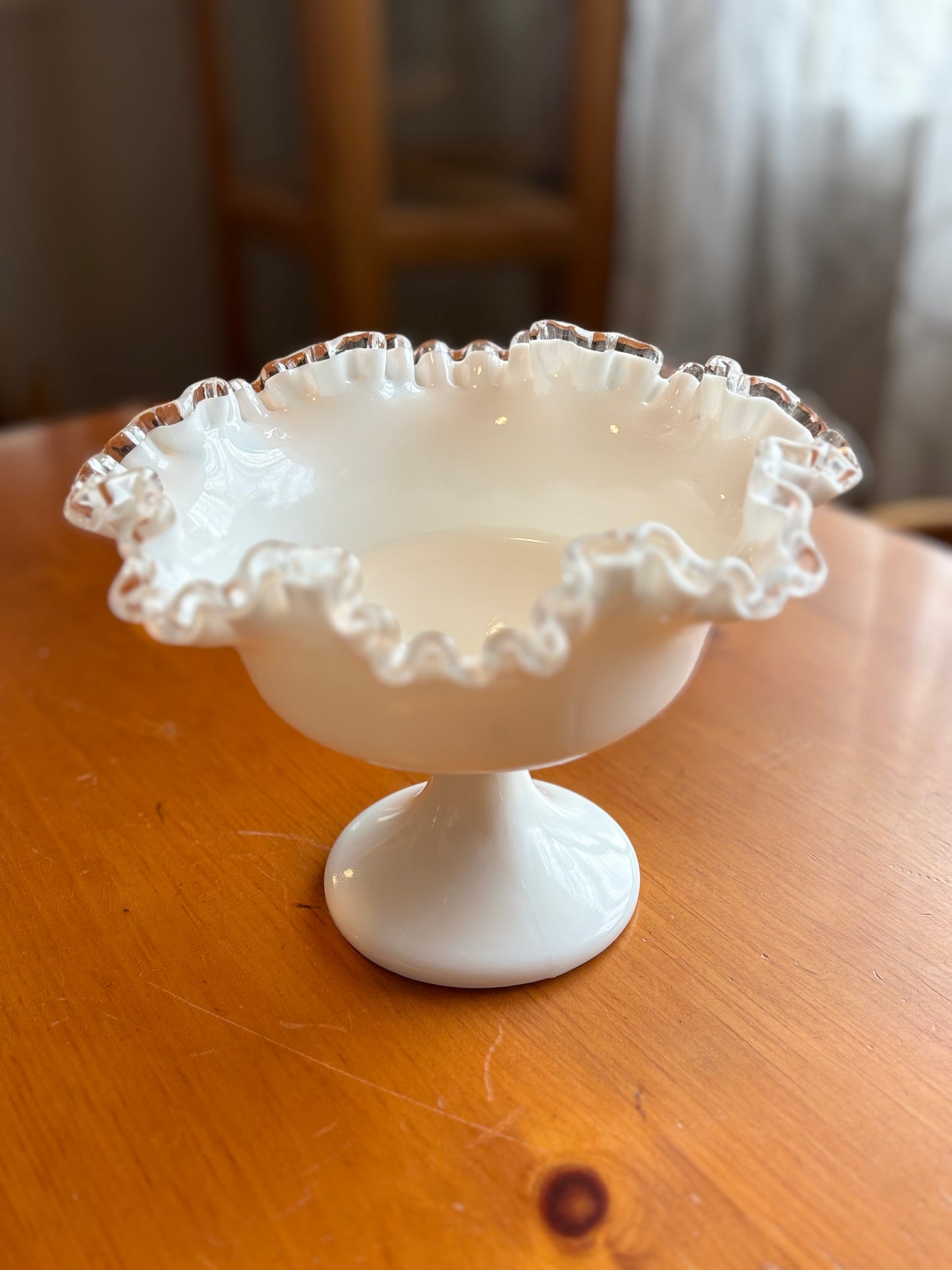 Vintage Fenton Milk Glass Pedestal Compote – 8" Silver Crest Ruffled Edge *