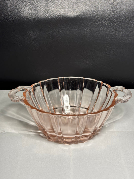 Vintage Pink Depression Glass Handled Bowl – Paneled Design, 1930s Era