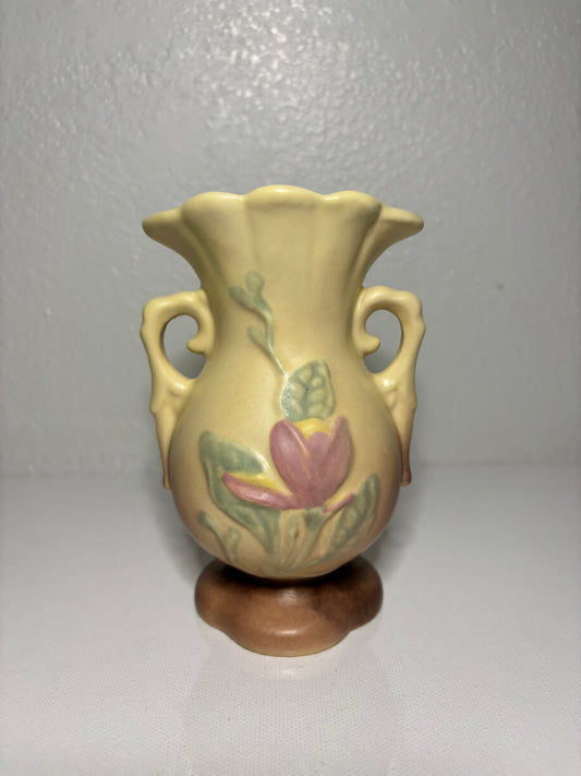 Vintage Floral Double-Handled Mini Vase – 5” Pastel Art Pottery