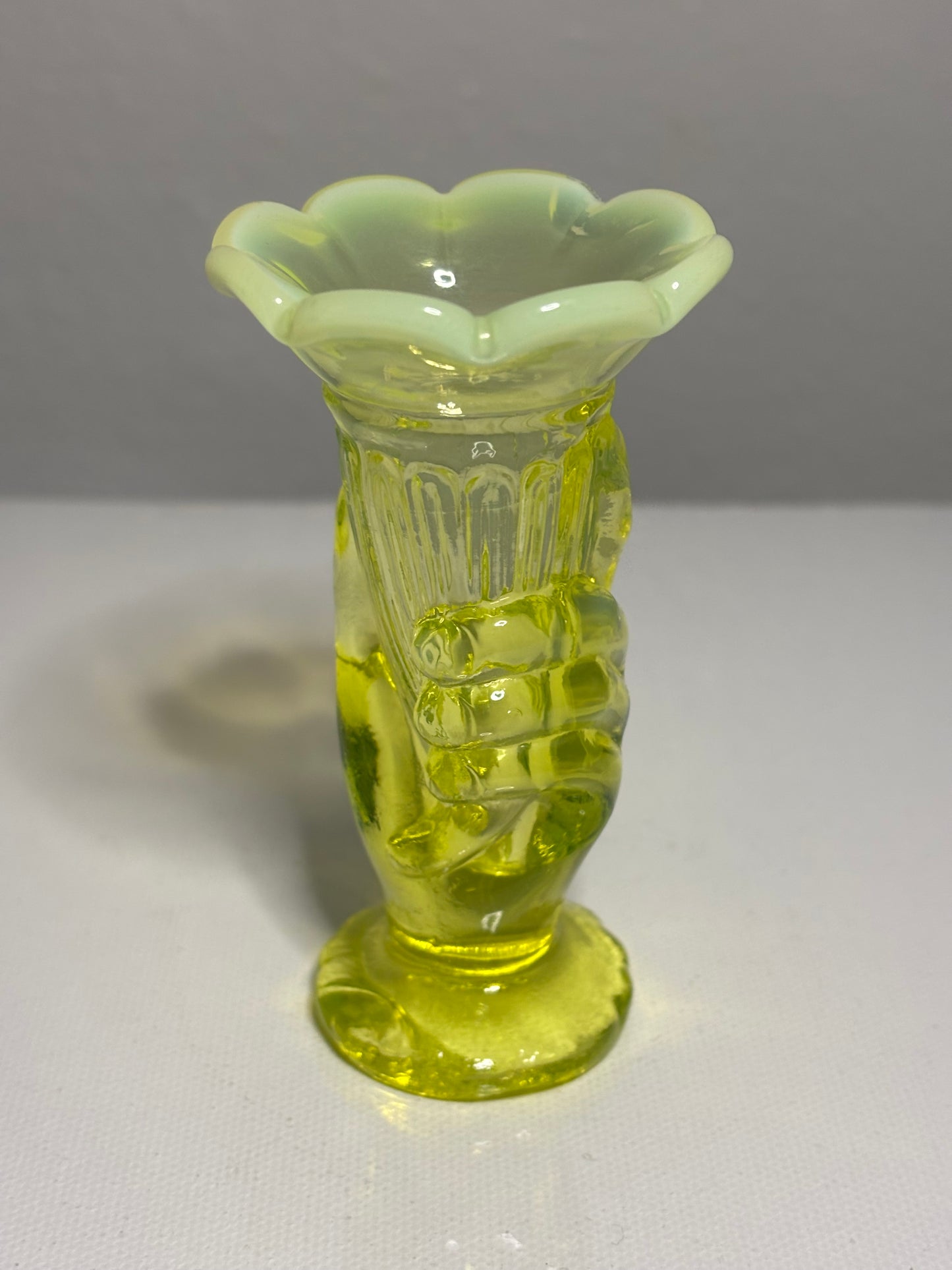 Vintage Vaseline Glass Hand Vase – 4" Tall with Opalescent Rim
