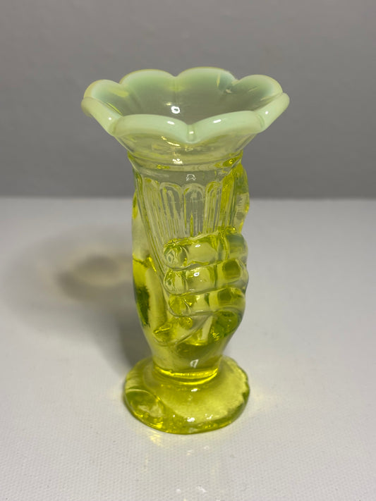 Vintage Vaseline Glass Hand Vase – 4" Tall with Opalescent Rim