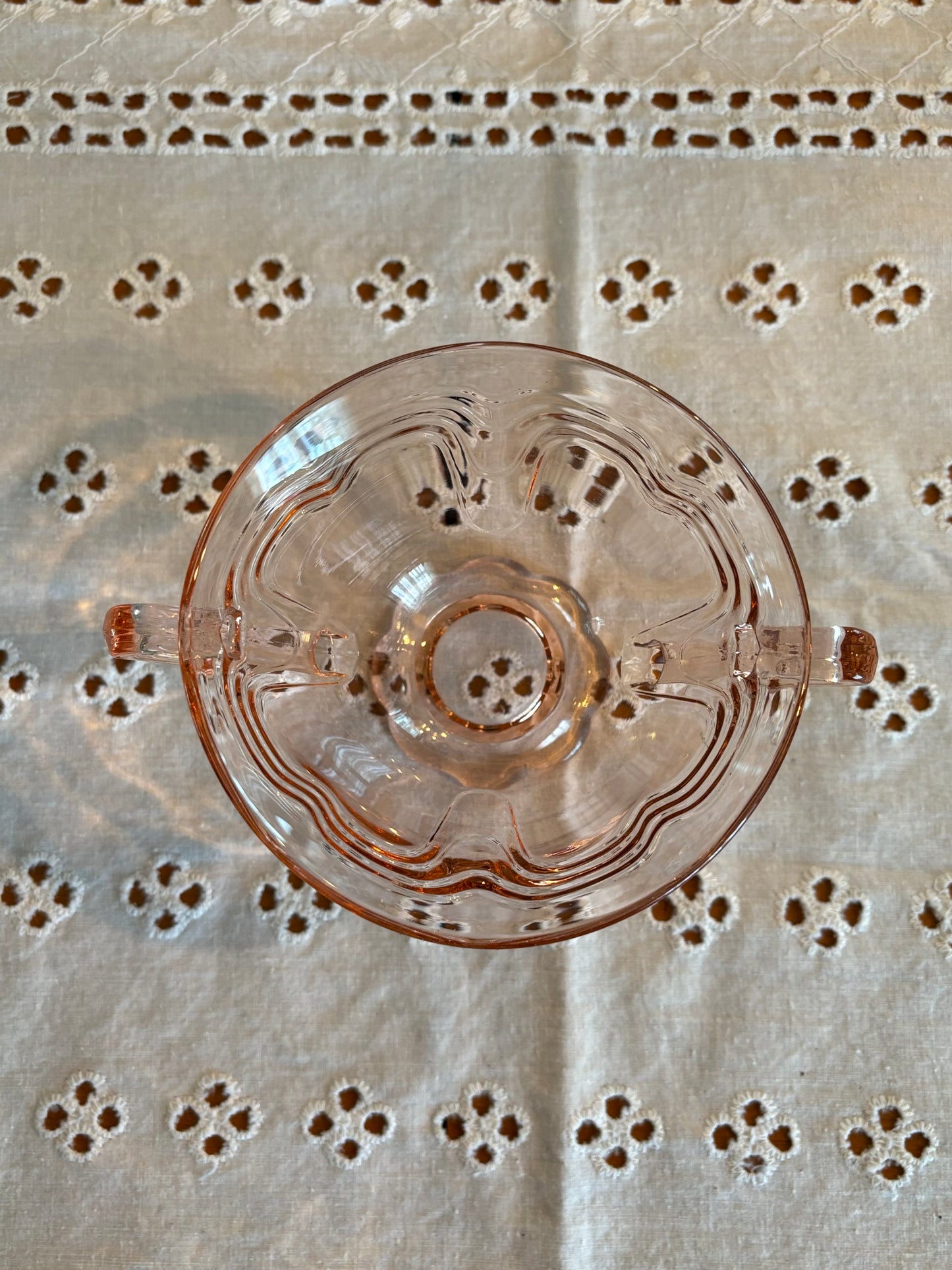 Vintage Pink Depression Glass Double-Handled Sugar Bowl – Etched Swirl Design *