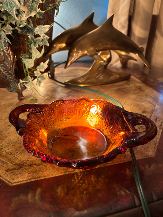 Amber Glass Pear Dish with Dual Handles – 7” Leaf Motif
