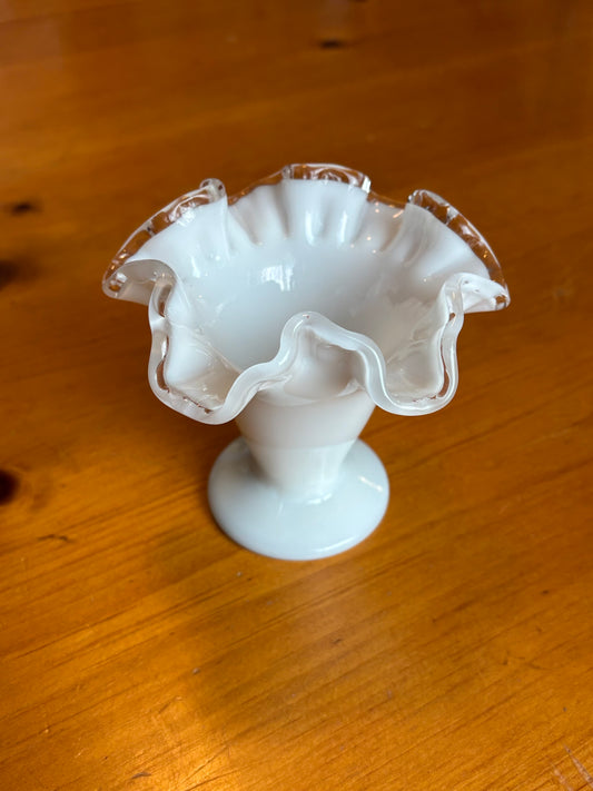Vintage Fenton Milk Glass Mini Vase – 4" Silver Crest Ruffled Edge