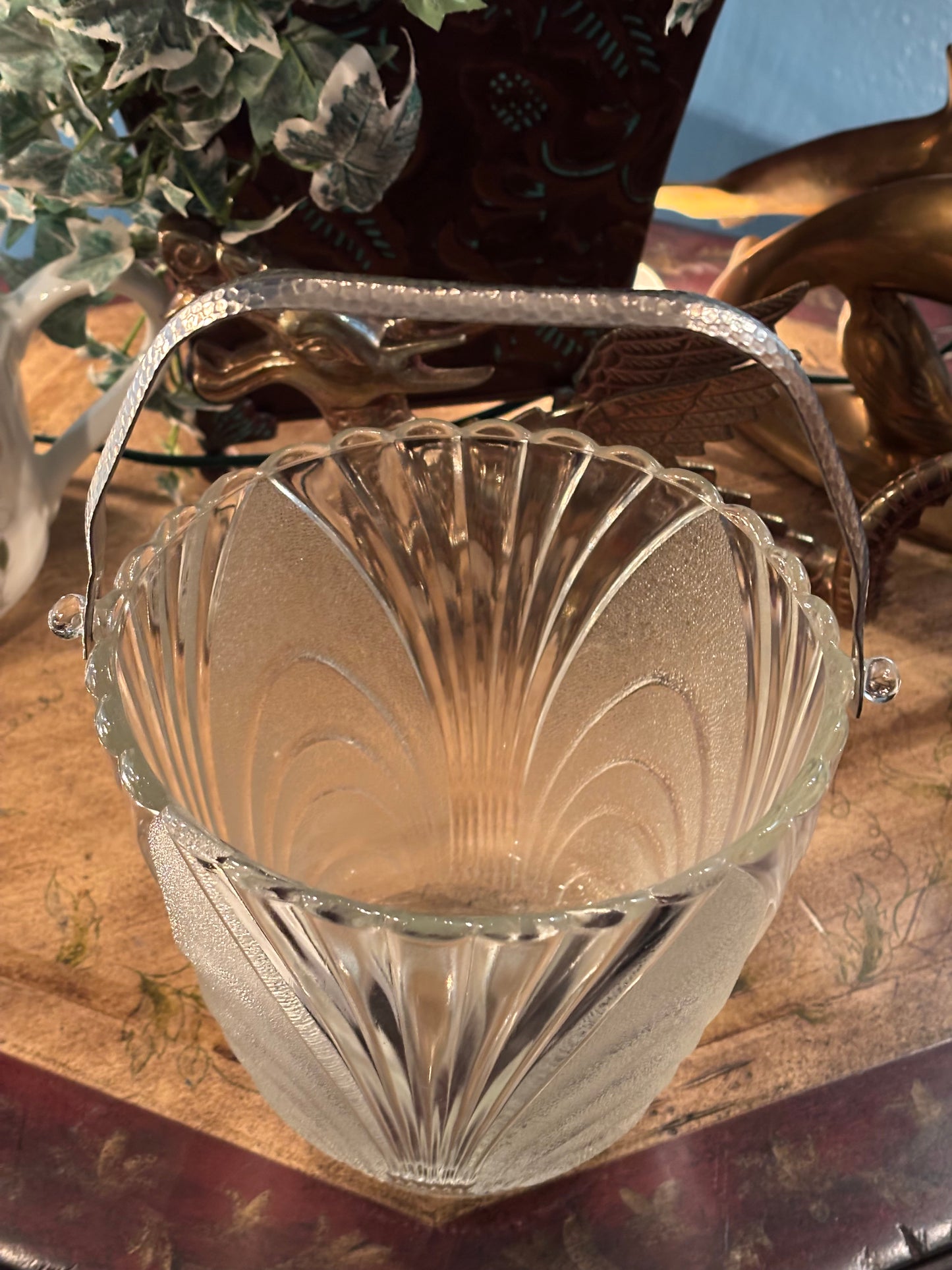 Vintage Clear Glass Ice Bucket with Metal Handle – Art Deco Style