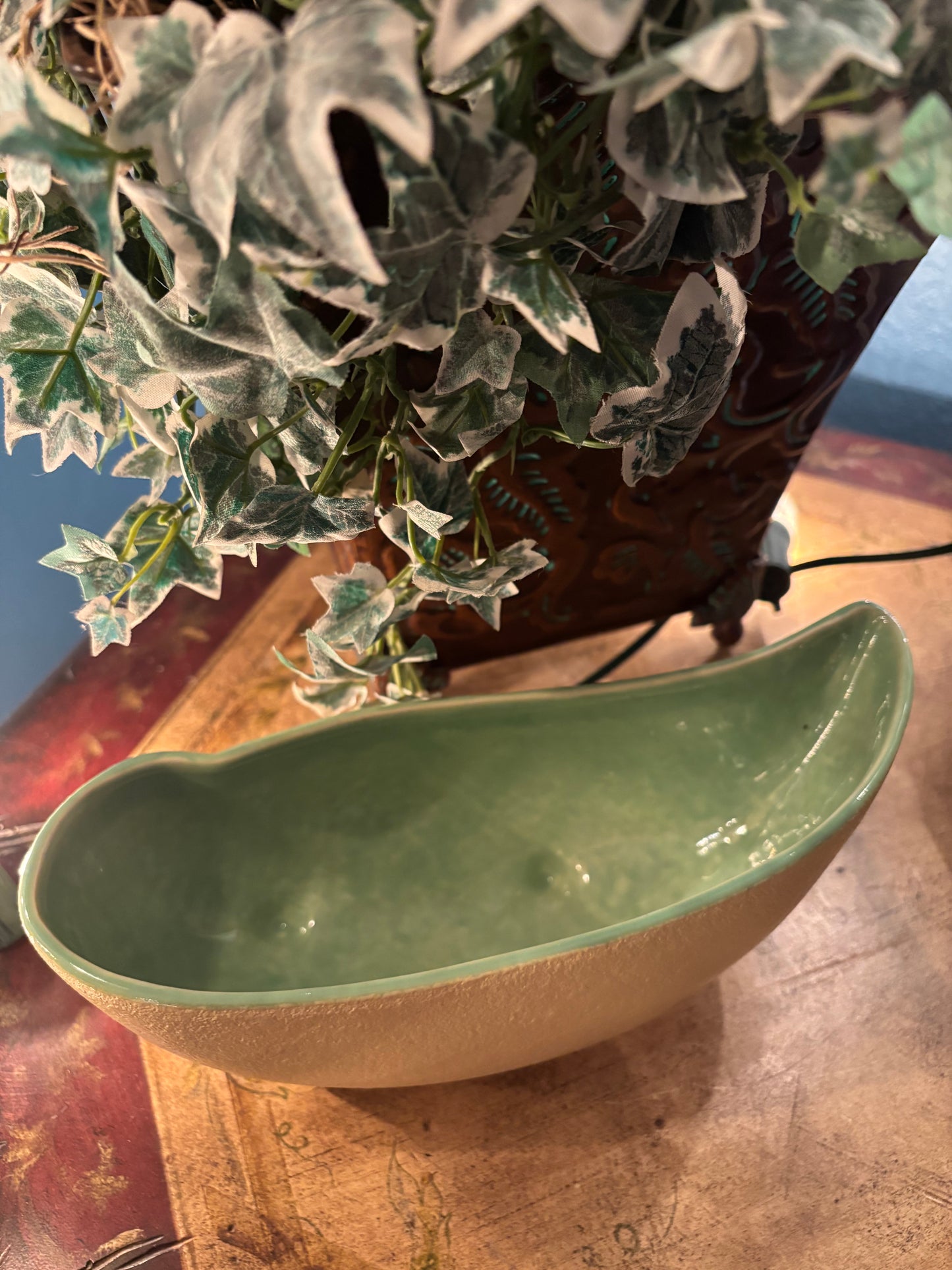 Mid-Century Modern Planter Bowl – Textured Yellow with Glossy Green Interior | 9” Long