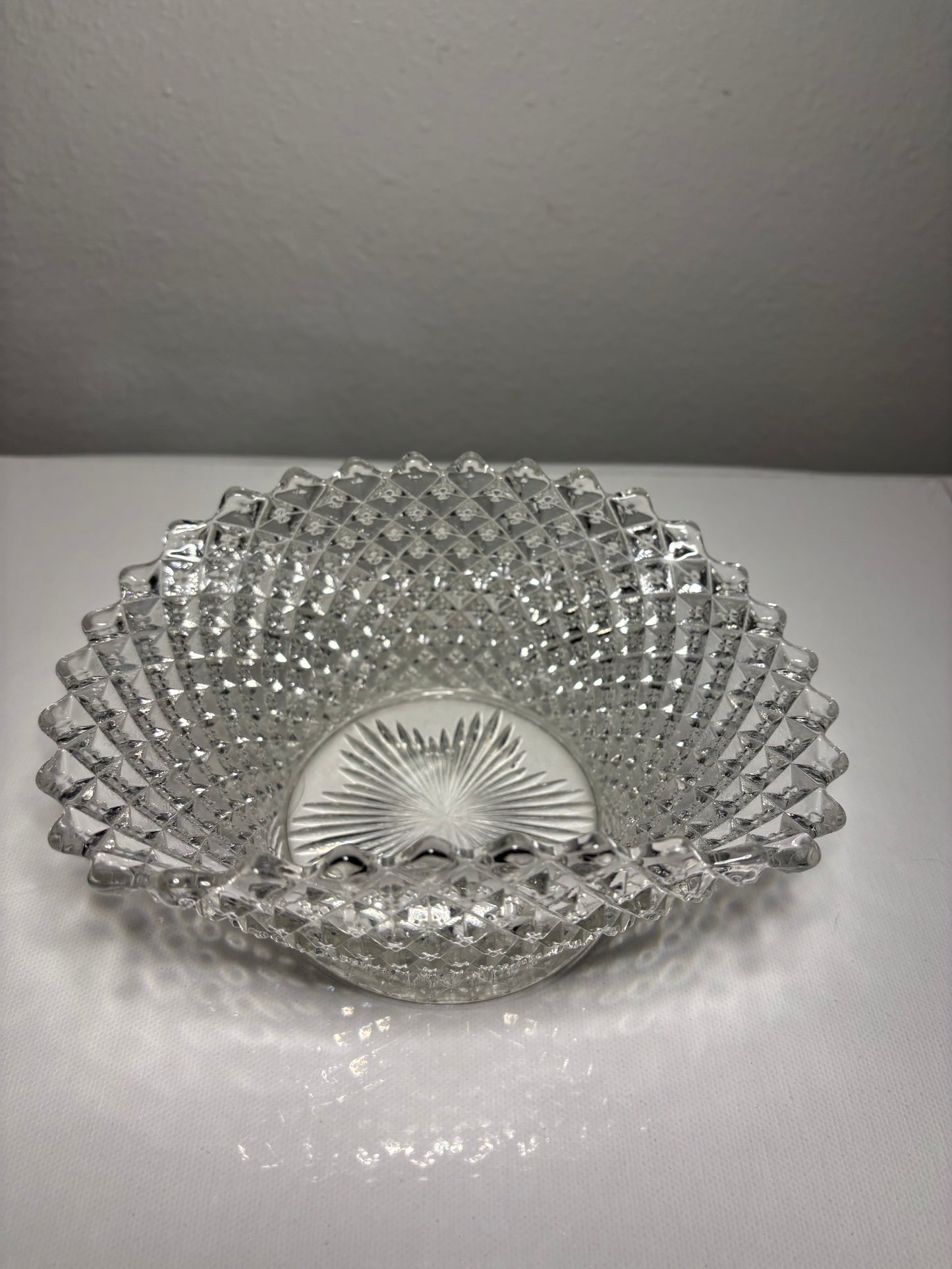 Vintage Clear Glass Diamond-Point Ruffled Bowl – 7" Wide