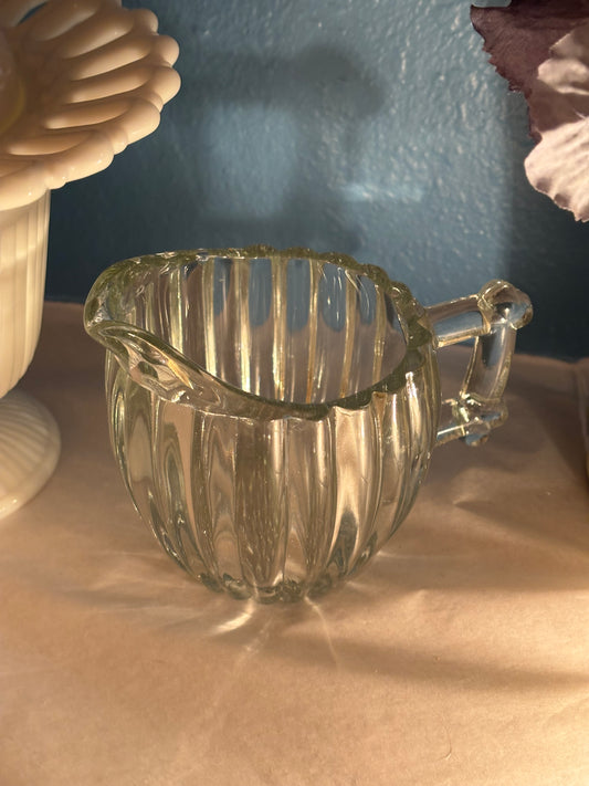 Vintage Ribbed Glass Creamer with Art Deco Handle – 4.5" x 3.5"