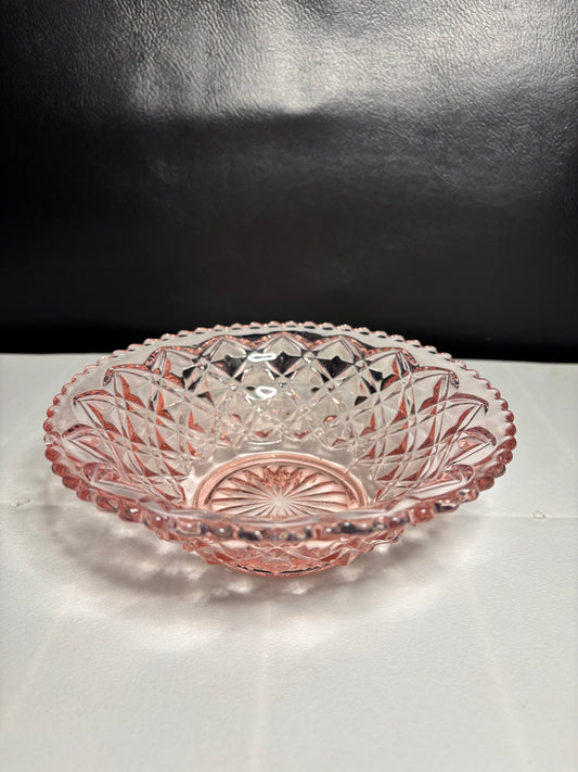 Vintage Pink Pressed Glass Bowl – Diamond Point with Starburst Base, 6.5"