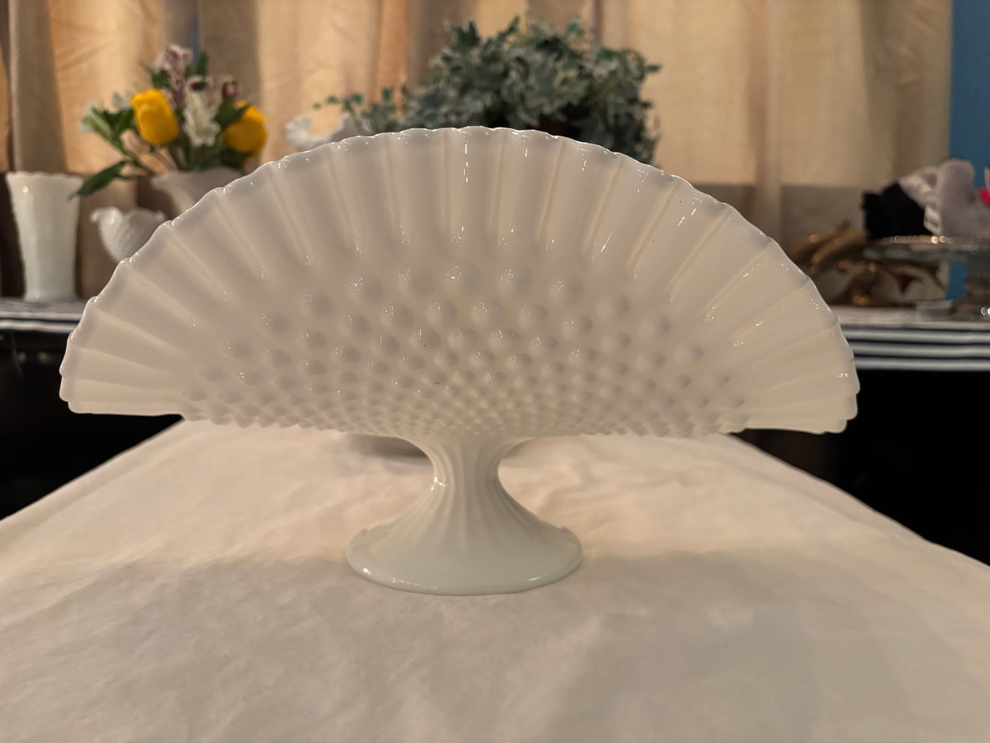 Vintage Fenton Style Milk Glass Hobnail Fan Vase – 13” Wide
