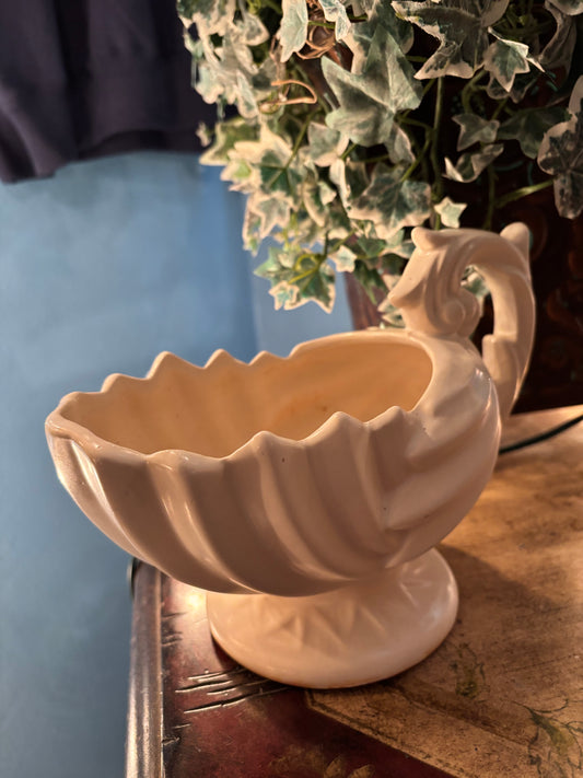 Vintage Ivory Pedestal Shell Bowl with Ornate Handle – 8"x4"x6"